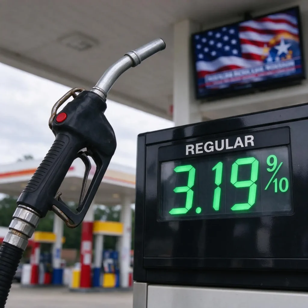 Close-up of a gas pump nozzle beside a fuel price display