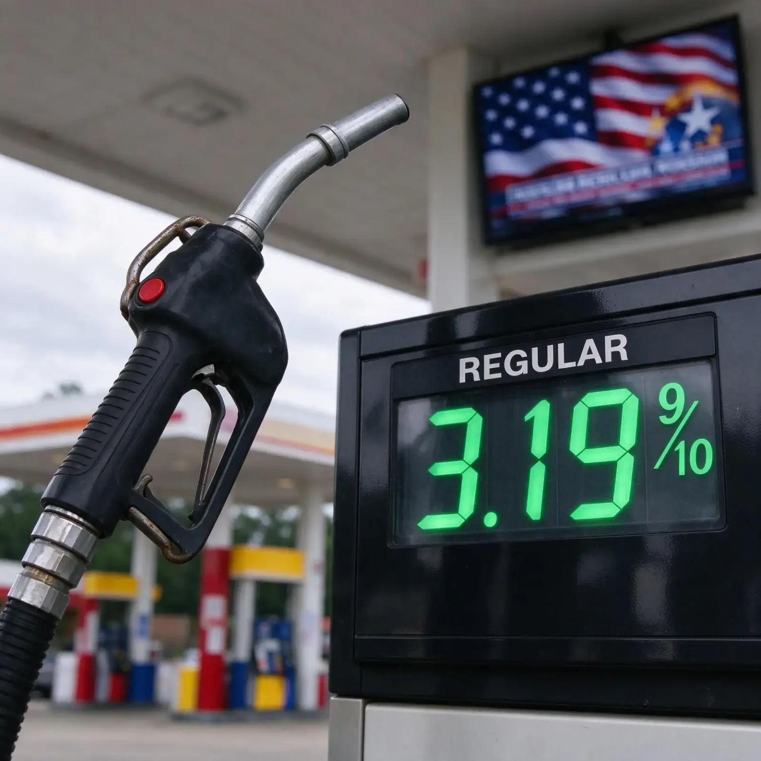 Close-up of a gas pump nozzle beside a fuel price display