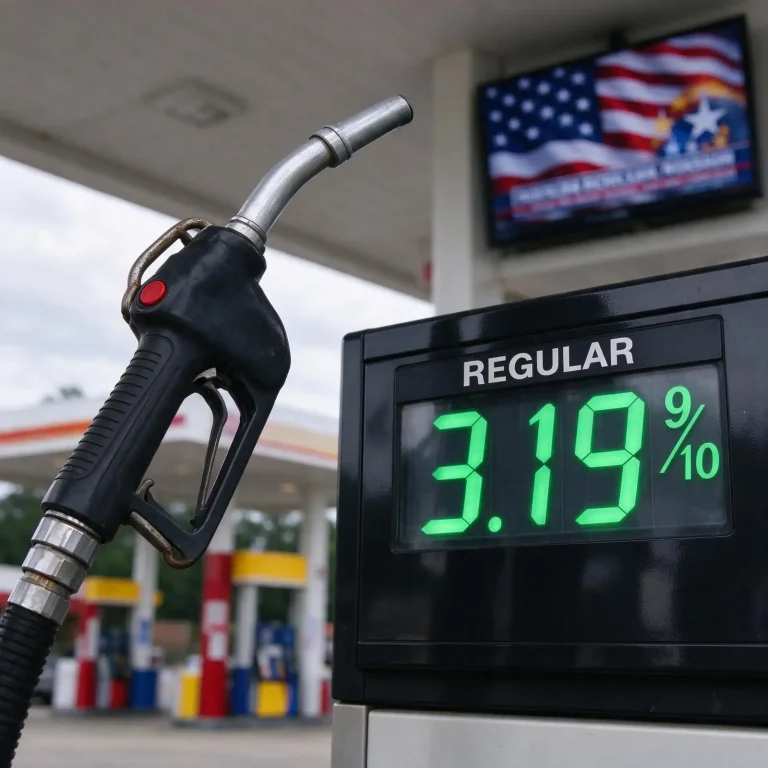 Close-up of a gas pump nozzle beside a fuel price display