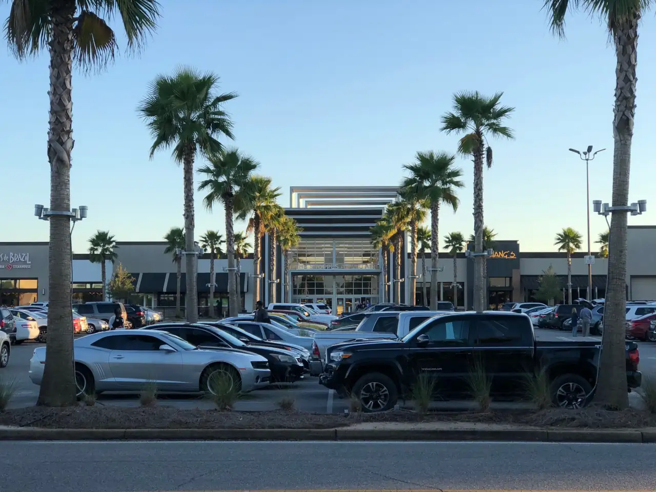 Palm-lined main entrance and parking lot of the Shoppes at Bel Air mall on Airport Boulevard in Mobile, Alabama