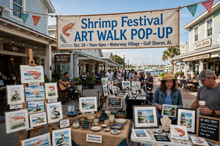 Artists displaying paintings and pottery outside waterfront shops as visitors stroll a sunny Gulf Shores district