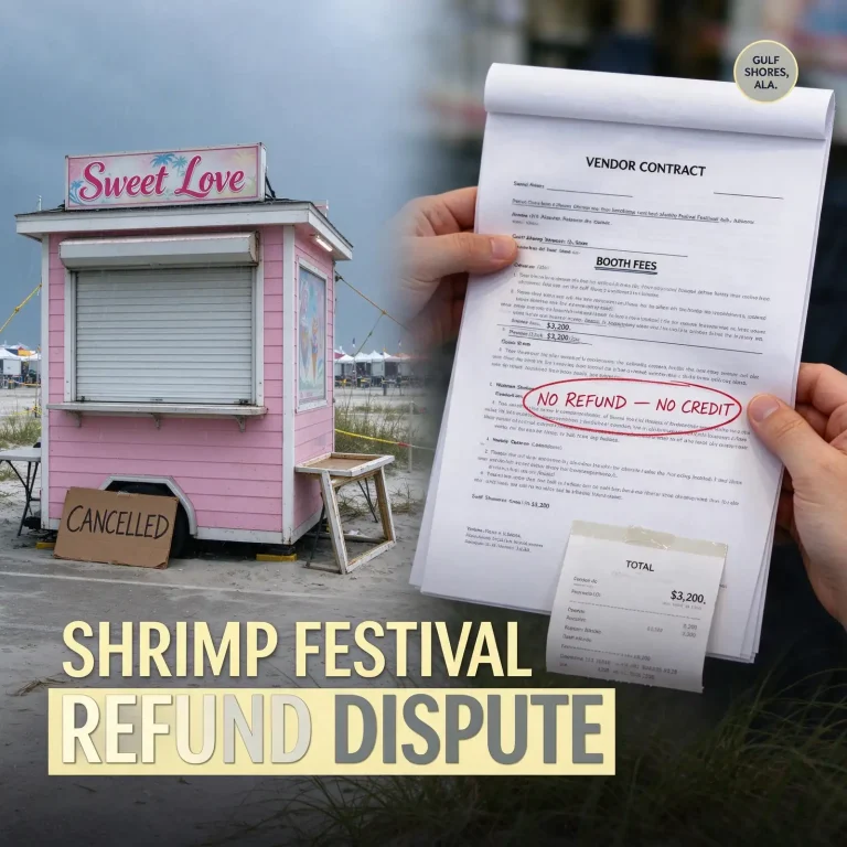 Closed pink ice cream kiosk with a cancelled sign on a beach beside hands holding a vendor contract marked no refund, no credit