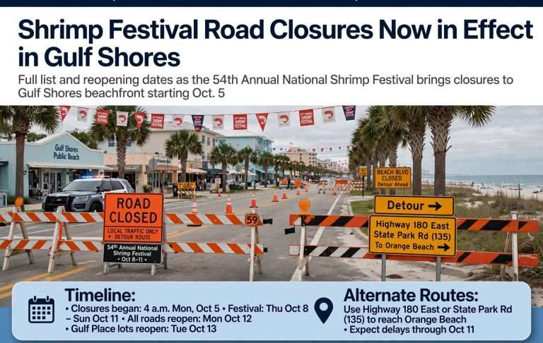 Road closed barricades and detour signs on Beach Boulevard near the Gulf Shores Public Beach with festival tents in the background