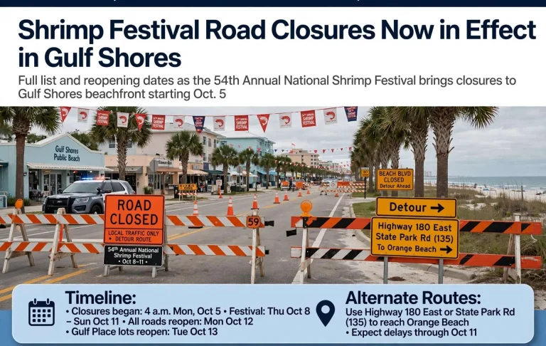 Road closed barricades and detour signs on Beach Boulevard near the Gulf Shores Public Beach with festival tents in the background