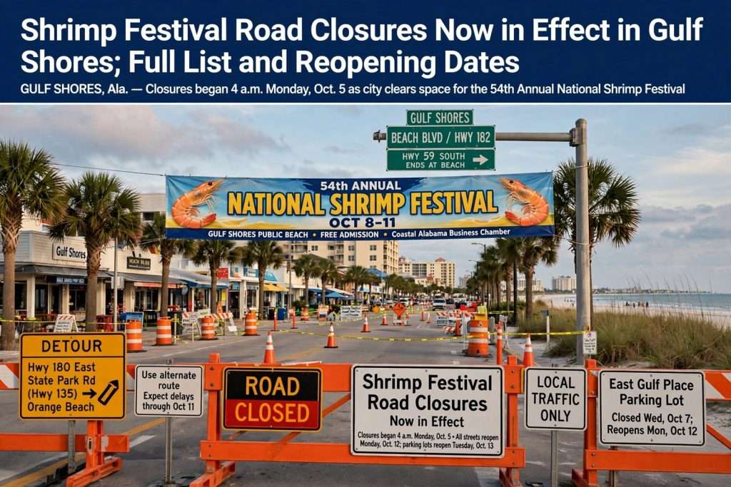 Illustration for the news story: Shrimp Festival Road Closures Now in Effect in Gulf Shores; Full List and Reopening Dates