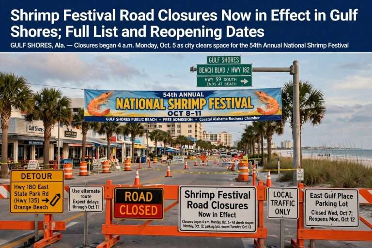 Illustration for the news story: Shrimp Festival Road Closures Now in Effect in Gulf Shores; Full List and Reopening Dates