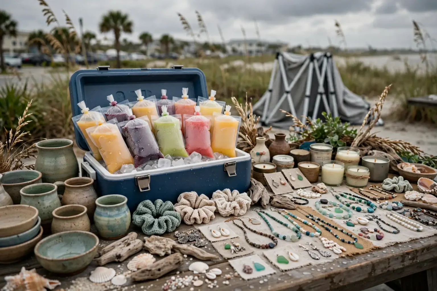 A table near the Gulf Shores dunes displays frozen juice pouches in a cooler, pottery, candles and beaded jewelry, the kind of inventory Shrimp Festival vendors are selling after Isaias.