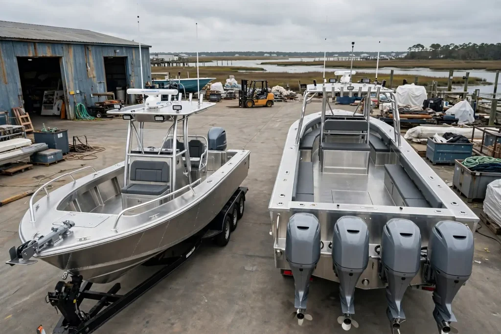Aluminum center console patrol boat underway on coastal water