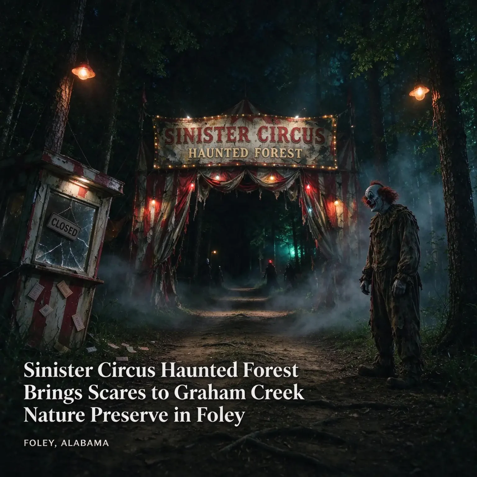 A dark wooded trail lit by colored lights and drifting fog, with an old carnival-style sign along the path