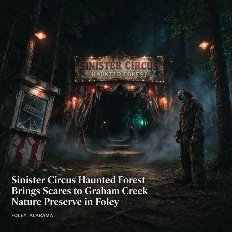 A dark wooded trail lit by colored lights and drifting fog, with an old carnival-style sign along the path