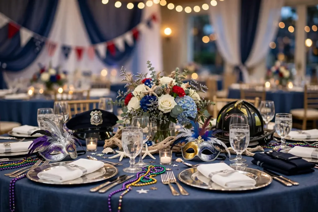 Banquet table with red, white and blue flowers, Mardi Gras masks and beads, a police cap and a firefighter helmet, for the Sirens of the Sea celebration