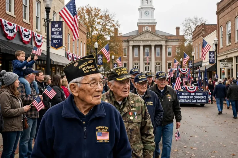 American flags lining a small-town downtown street decorated for a Veterans Day parade