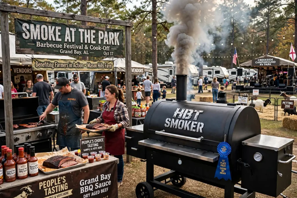 Barbecue smokers puffing wood smoke at an outdoor cook-off under oak trees