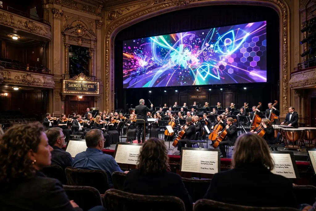 Live band performing on a theater stage with bright blue lighting and a video screen