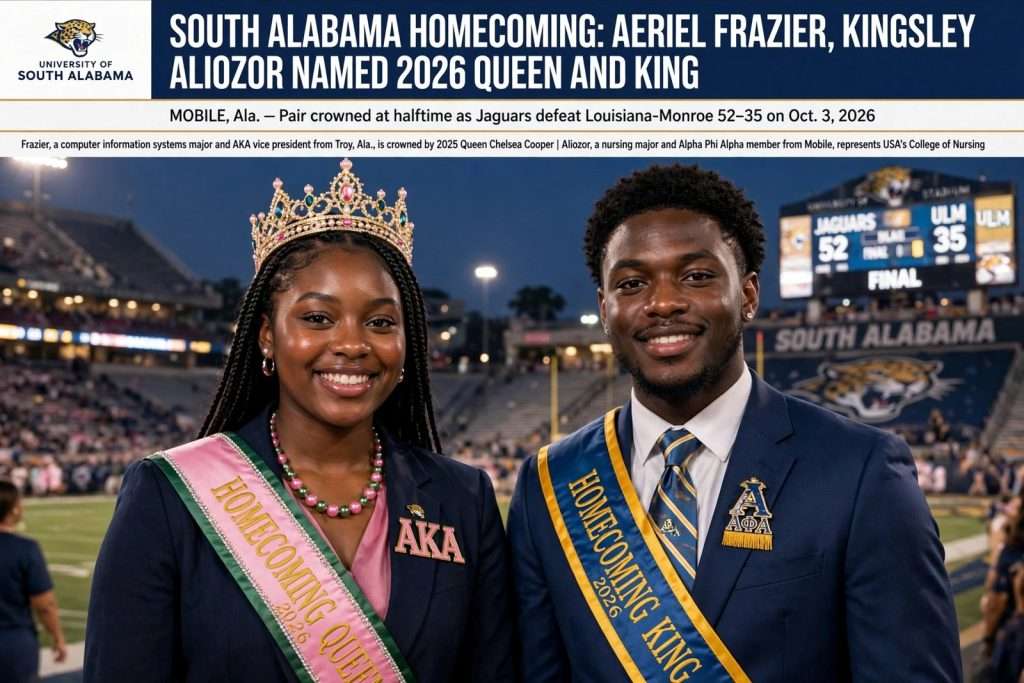 Illustration for the news story: South Alabama Homecoming: Aeriel Frazier, Kingsley Aliozor Named 2026 Queen and King