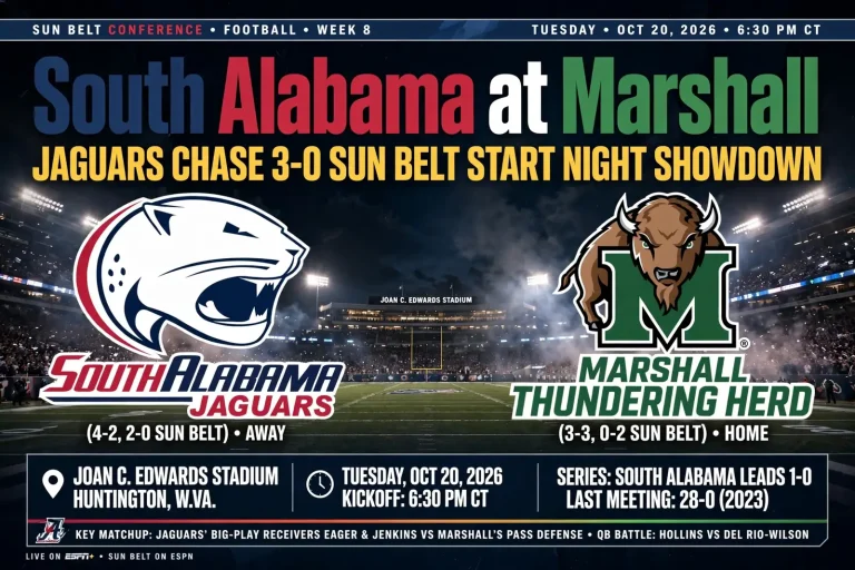 College football players in red and blue uniforms lined up against players in green uniforms under stadium lights