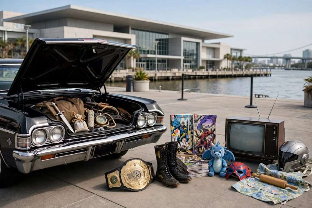 Busy convention hall with costumed fans, vendor booths and a black 1960s sedan with its trunk open on display