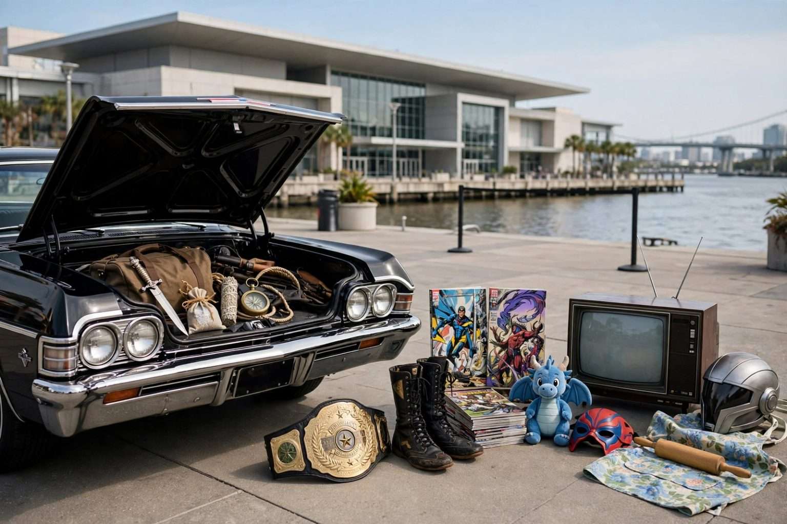 Busy convention hall with costumed fans, vendor booths and a black 1960s sedan with its trunk open on display