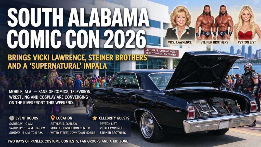 Illustration for the news story: South Alabama Comic Con 2026 Brings Vicki Lawrence, Steiner Brothers and a ‘Supernatural’ Impala to Downtown Mobile