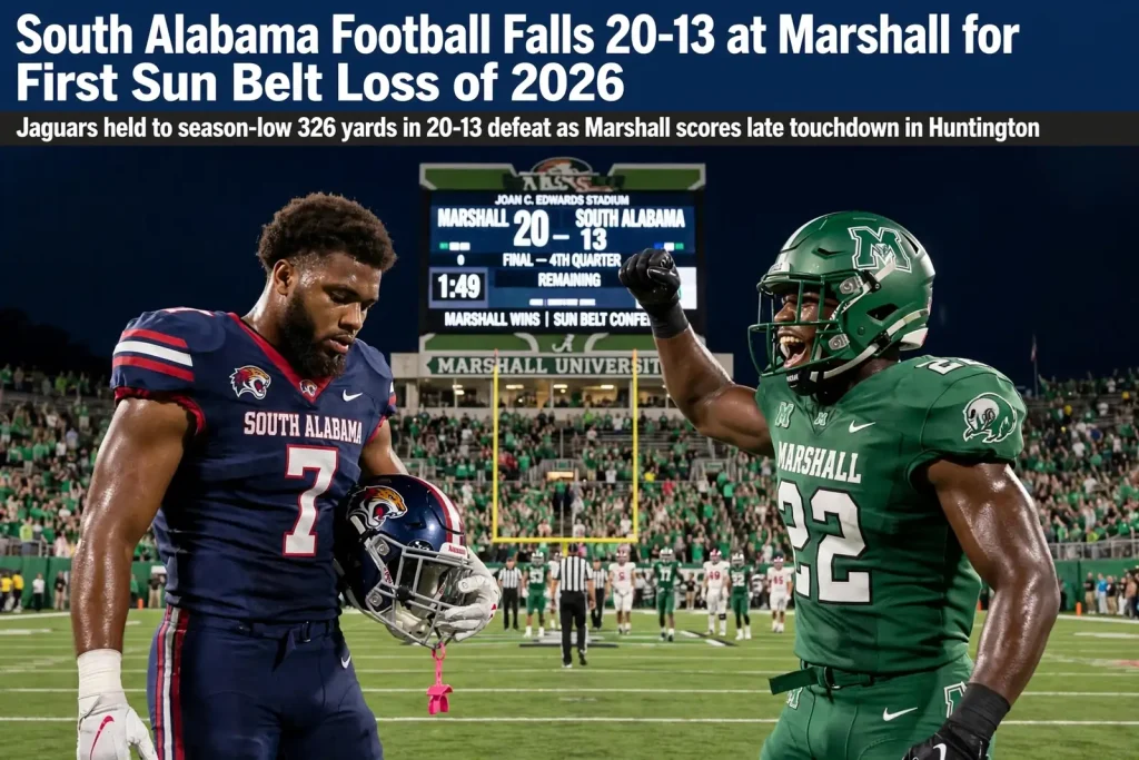 South Alabama and Marshall football players on the field with a stadium scoreboard showing a 20-13 final