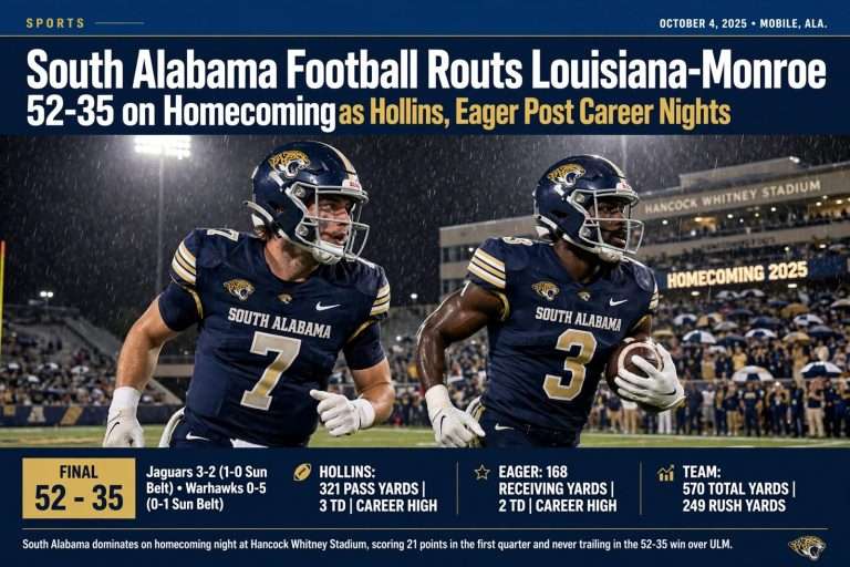 Illustration for the news story: South Alabama Football Routs Louisiana-Monroe 52-35 on Homecoming as Hollins, Eager Post Career Nights