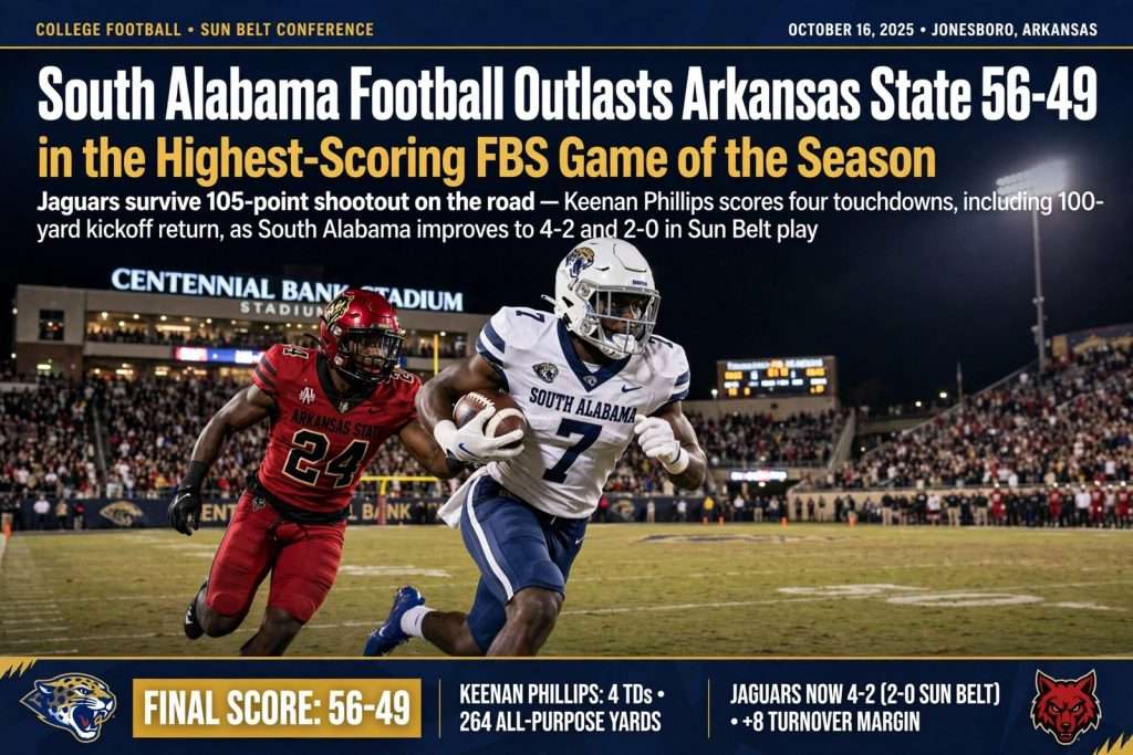 Illustration for the news story: South Alabama Football Outlasts Arkansas State 56-49 in the Highest-Scoring FBS Game of the Season