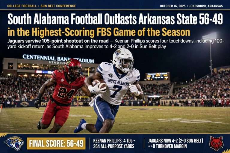 Illustration for the news story: South Alabama Football Outlasts Arkansas State 56-49 in the Highest-Scoring FBS Game of the Season