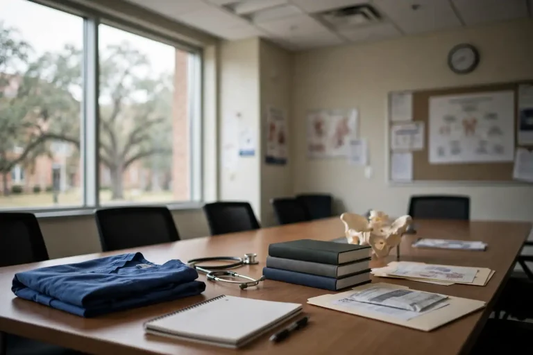 Faculty and residents in a medical classroom discussing patient care with textbooks and a laptop