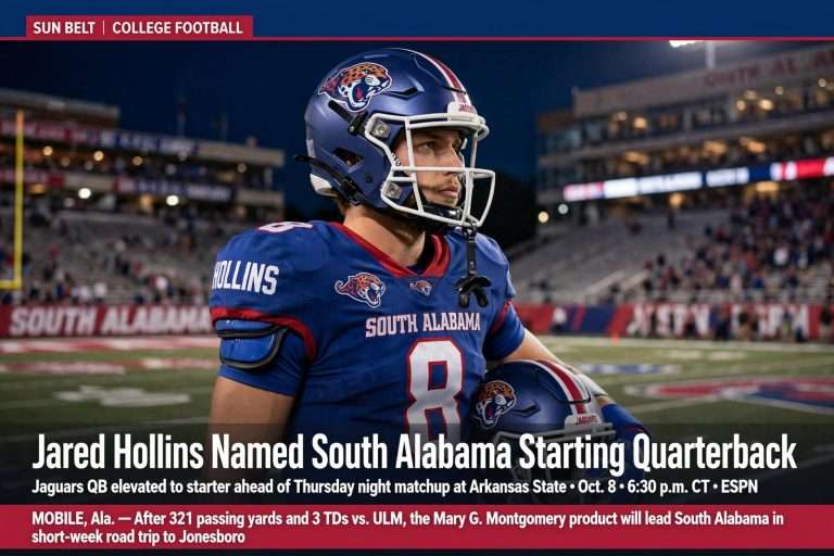 Illustration for the news story: Jared Hollins Named South Alabama Starting Quarterback Ahead of Short Week at Arkansas State