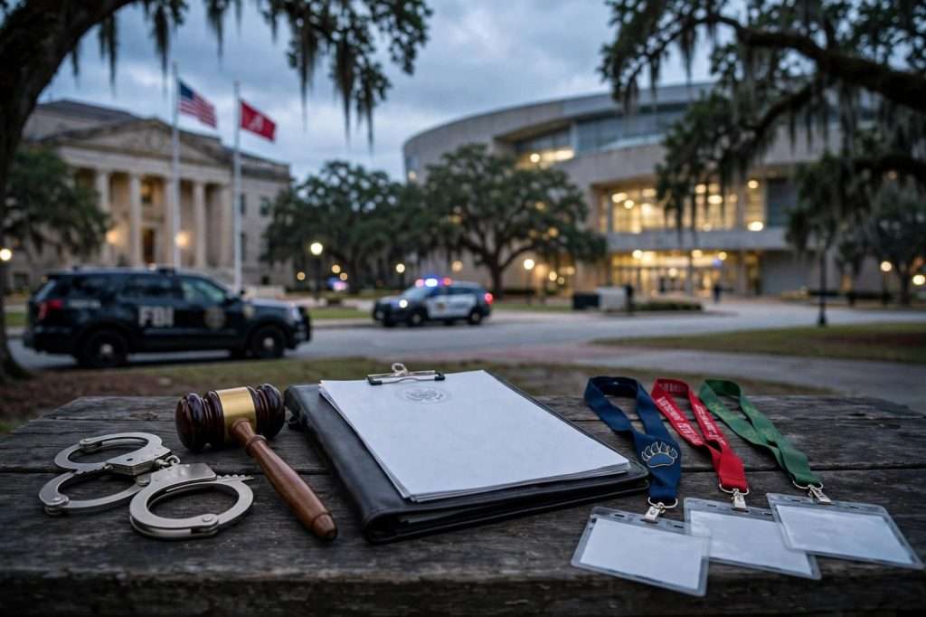 Exterior of a federal courthouse with stone columns and an American flag on a cloudy afternoon