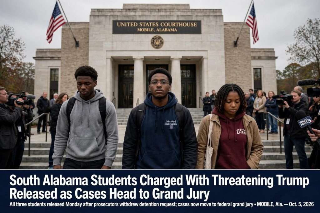 Illustration for the news story: South Alabama Students Charged With Threatening Trump Released as Cases Head to Grand Jury