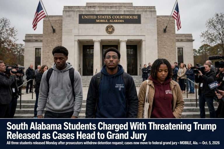 Illustration for the news story: South Alabama Students Charged With Threatening Trump Released as Cases Head to Grand Jury
