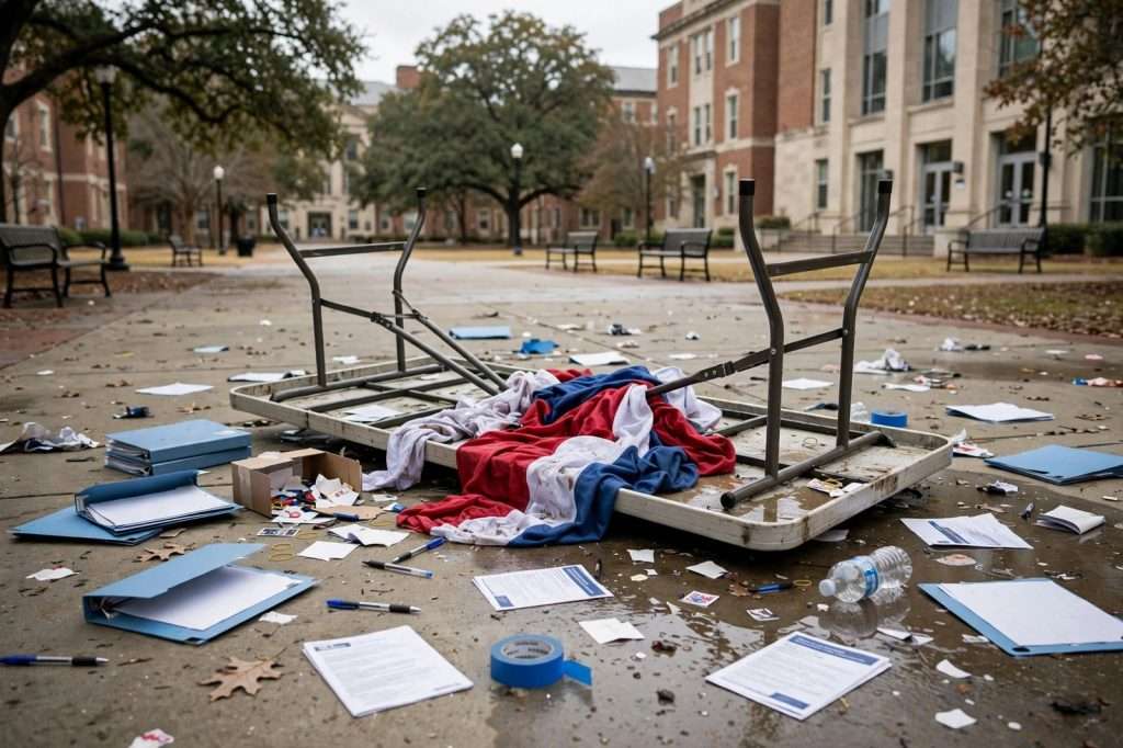 Folding table with flyers and a banner set up on a sunny college campus walkway