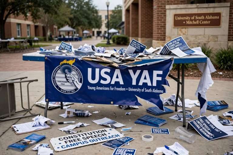 Illustration for the news story: South Alabama YAF Chapter Says Student Vandalized Its Campus Table; University Silent