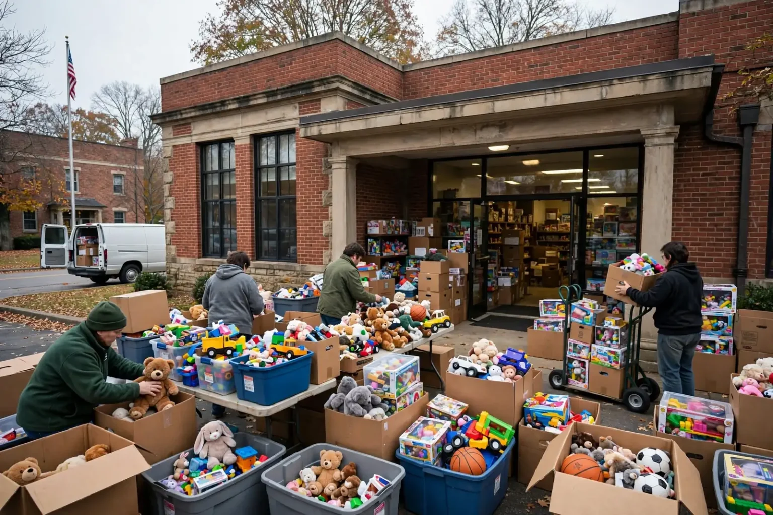 Volunteers sorting new, unwrapped toys into bins on tables inside a large room