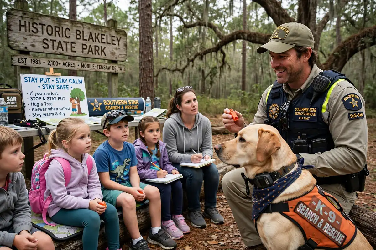 Search dog and volunteer handler on a forest trail, illustrating Southern Star Search and Rescue child safety training