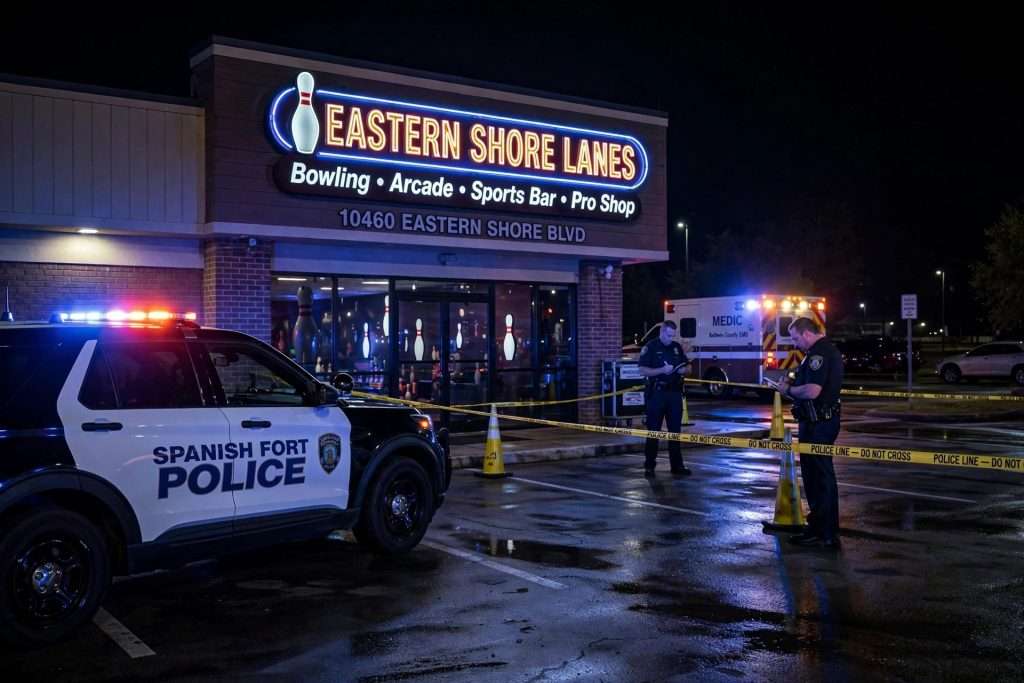 Police vehicle with emergency lights parked in a commercial parking lot at night with crime scene tape in the foreground