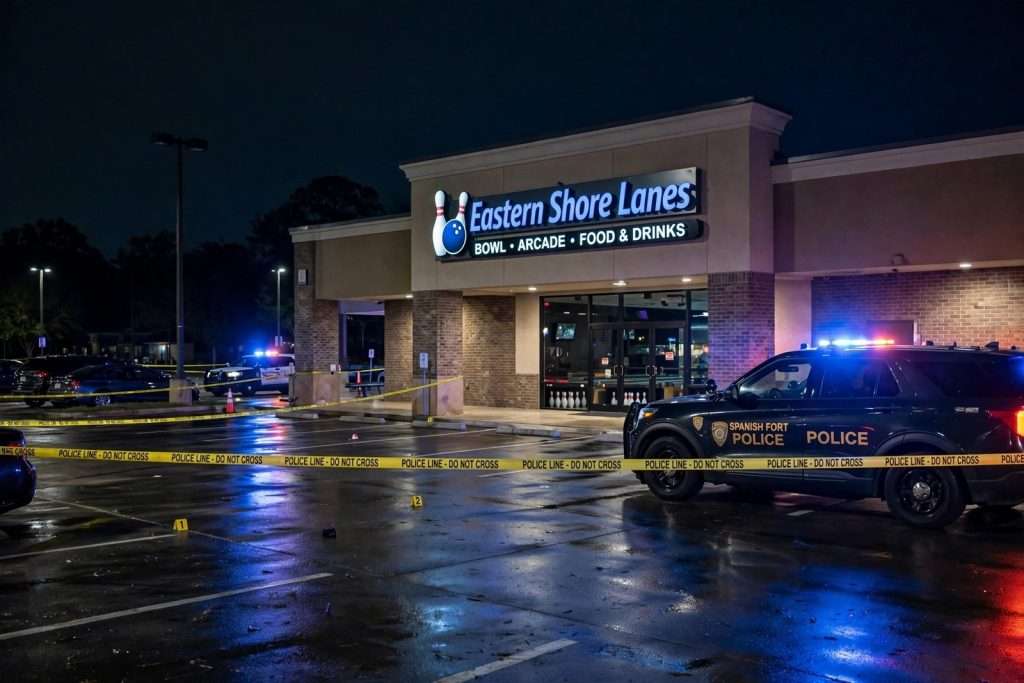 Illustration for the news story: Spanish Fort Bowling Alley Shooting Leaves Man Wounded After Fight at Eastern Shore Lanes Spills Outside