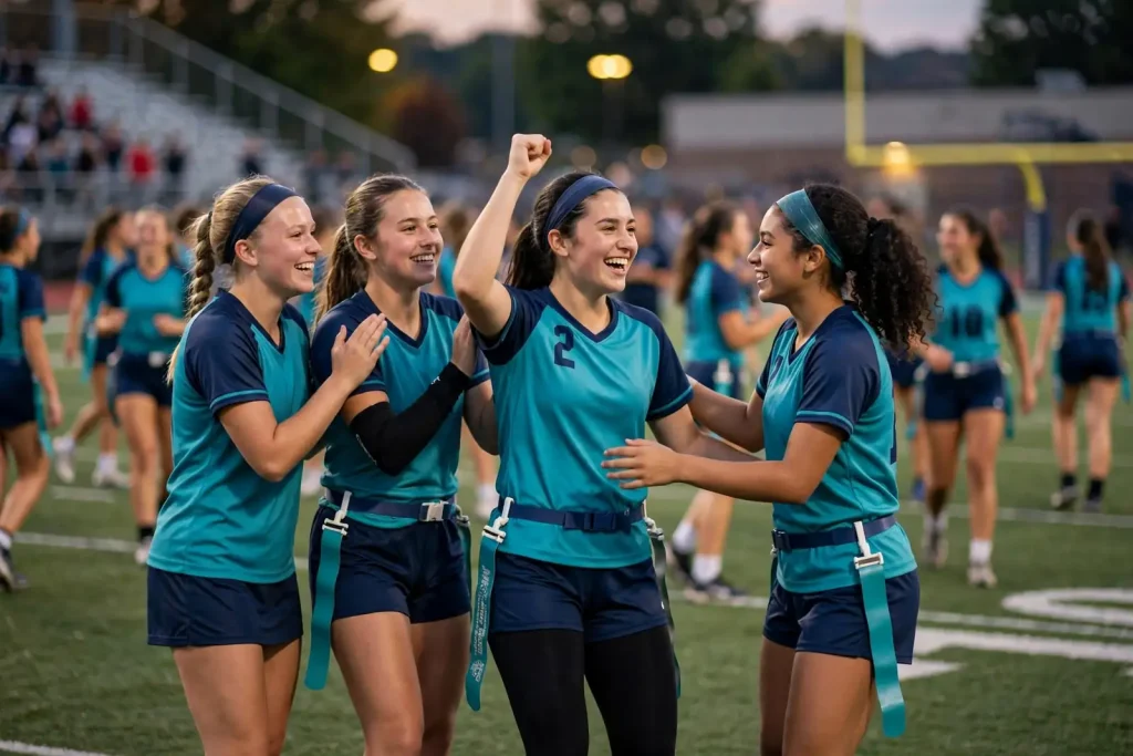 A high school girls flag football defender reaches to pull the flag from a ball carrier's belt during a game