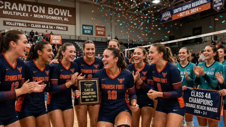 High school girls celebrate a point at a South Super Regional volleyball match in an indoor gym