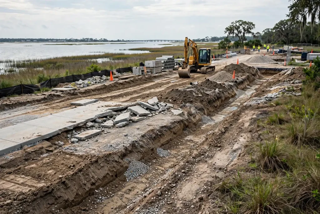 Construction crews regrading a waterfront park site with excavators, torn-up sidewalks, and standing water nearby