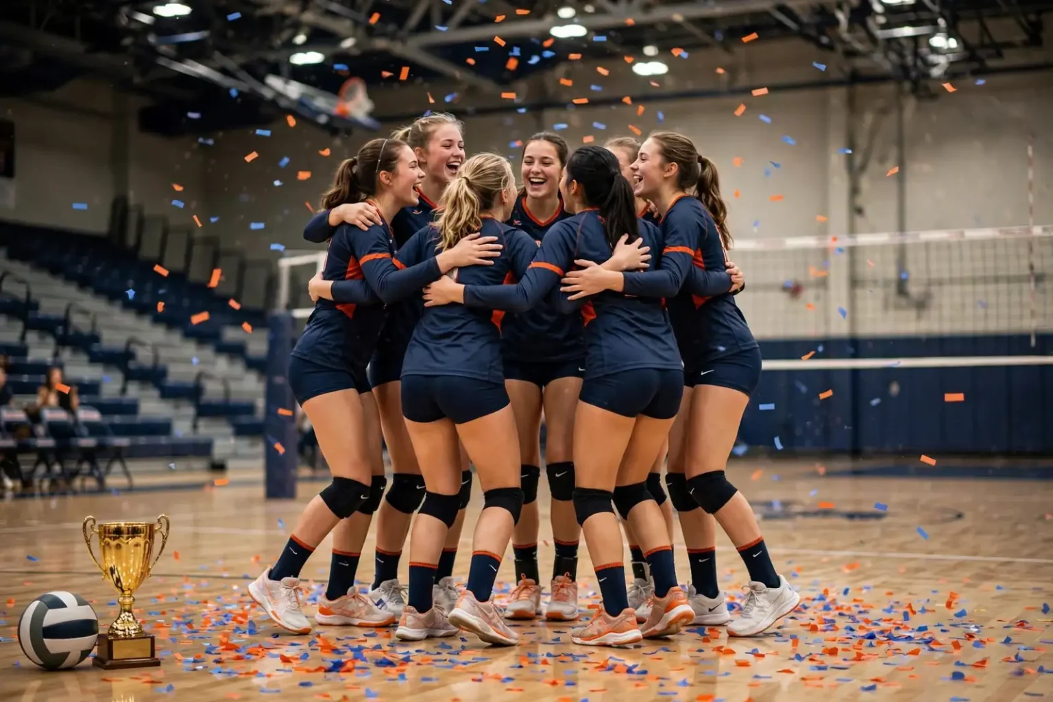 High school volleyball players celebrate a state championship on an indoor court inside a large arena