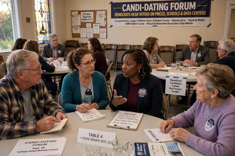Illustration for the news story: Speed-Dating Forum in Fairhope: Democrats Hear Voters on Prices, Schools and Data Centers as GOP Opponents Skip