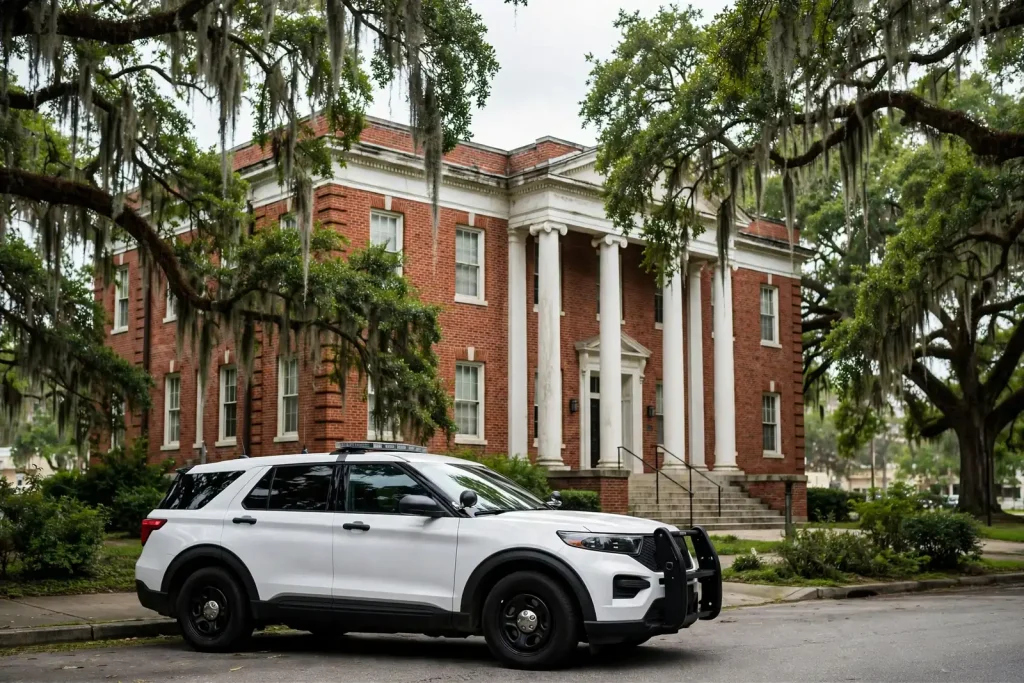Sheriff's office patrol vehicle parked outside a county building, illustrating Alabama sheriff races