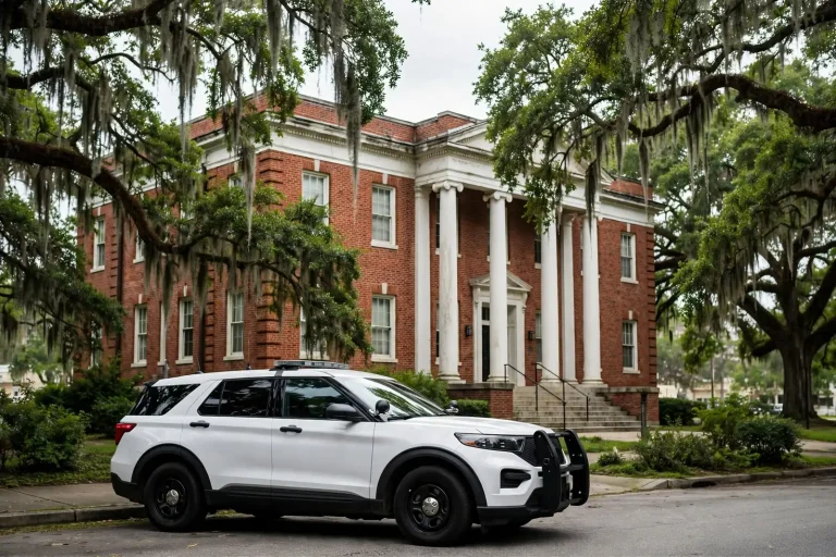 Sheriff's office patrol vehicle parked outside a county building, illustrating Alabama sheriff races