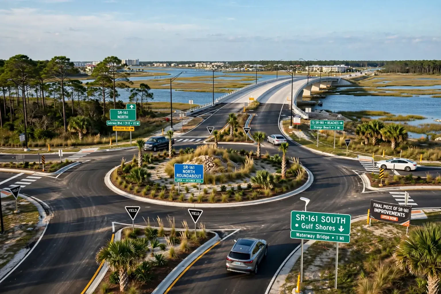 Aerial view of a landscaped roundabout on SR-161 leading toward a bridge over the waterway