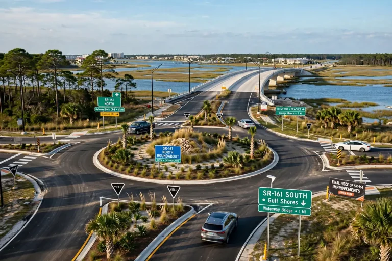 Aerial view of a landscaped roundabout on SR-161 leading toward a bridge over the waterway