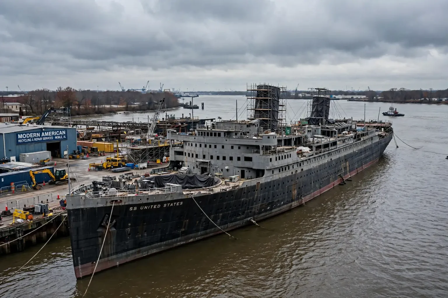 The long dark hull of the SS United States ocean liner, its smokestacks removed, docked at a waterfront shipyard on the Mobile River under a blue sky