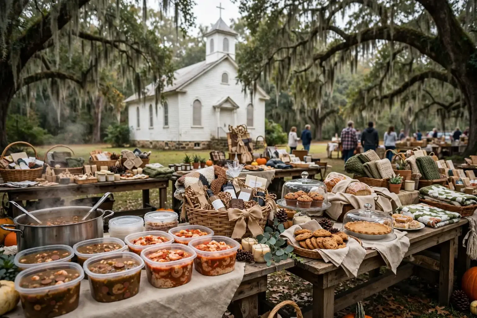 Bowls of seafood gumbo served over rice on a table at an outdoor church fall festival