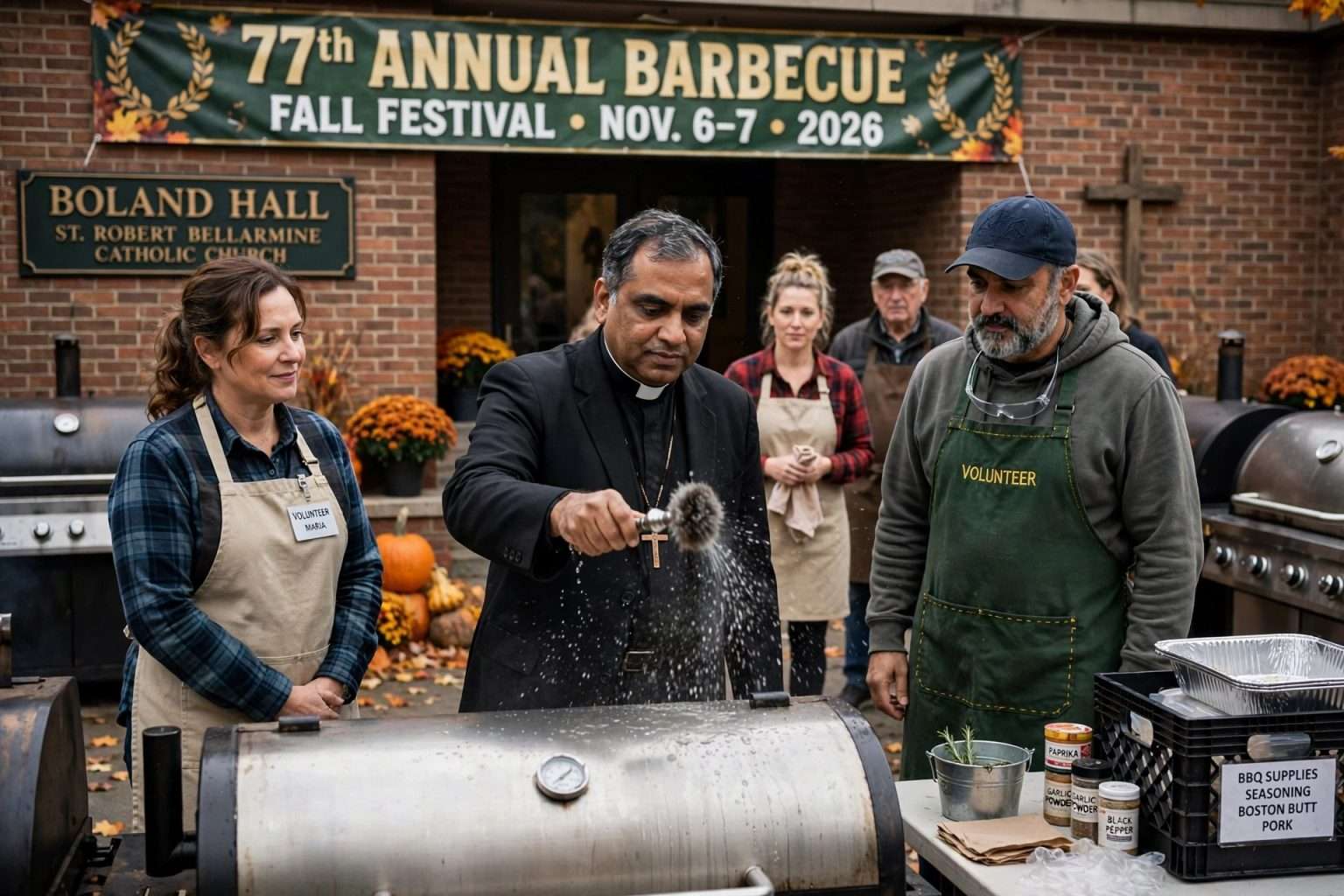 A priest sprinkles holy water on a barbecue smoker as aproned volunteers look on outside a church hall decorated for fall